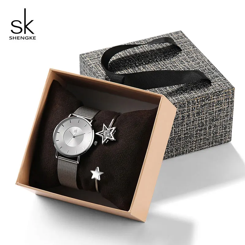 Shengke, креативные кварцевые часы, женский браслет, набор, SK, женские часы, Подарочный ювелирный набор, Relogio Feminino, часы, Montre Femme - Цвет: K0059 silver bangle