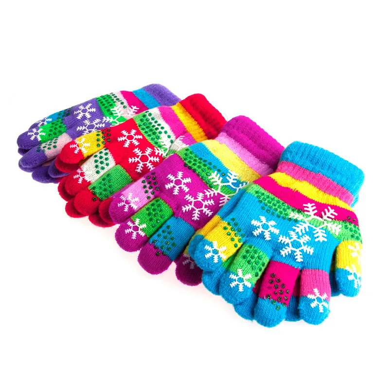 Autumn Winter Children Bilayer Thickened Snow Print Colored Yarn Knit Gloves
