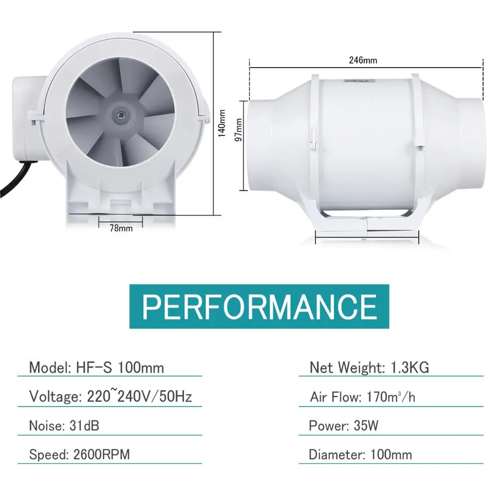 4'' Silent Home Inline Duct Fan 100mm Exhaust Fan 220V Blower Ventilator Ventilation System Toilet Air Extractor Air Purifier