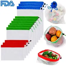 12 шт./лот, многоразовые сумки, Сетчатая Сумка для хранения фруктов и овощей, Экологичная моющаяся сумка для продуктов, держатель для кухонных органайзеров