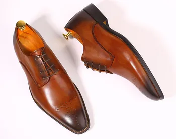

Popular Men Pointed Toes Retro Handmade Business Dress Shoes Men Genuine Leather Carved Lace Up Party Shoes Free Shipping