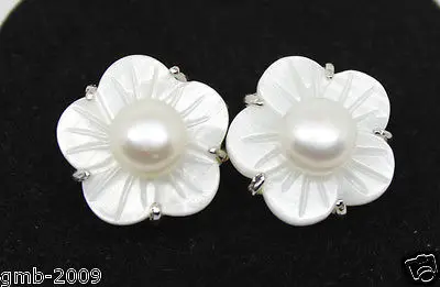 

Hot selling> noble lady's 6-7mm Natural White Freshwater Pearl Shell Flower 925 Silver Stud Earrings -Bride jewelry free shippin
