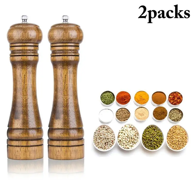 

8 Inches 2Pcs Creative Wooden Salt And Pepper Mill Tool Spice Salt And Pepper Grinder Manual Grinder Kitchen Gadgets Tools