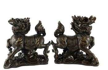 

Chinese bronze Copper Foo Fu Dog Guardion Lion Kirin brave troops Statue Pair