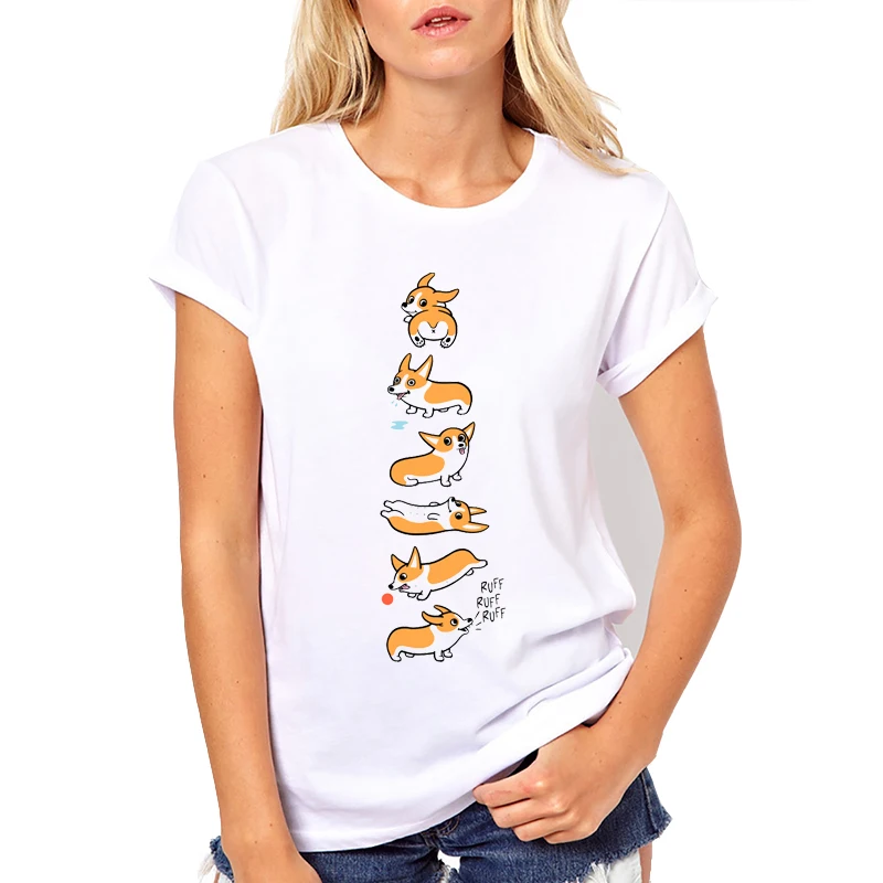 Camiseta blanca Mujer ropa 2018 Casual verano Tops Corgi Cuties impreso manga corta cuello redondo Camiseta Mujer Tumblr