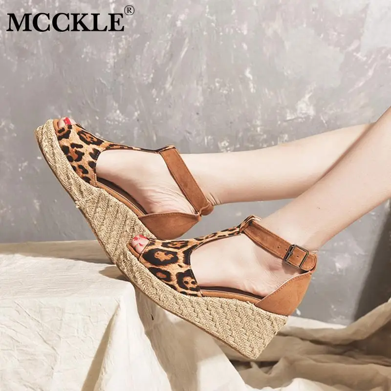 

MCCKLE Women Wedge Platform Leopard Gladiator Summer Sandals Ladies Peep Toe Ankle Strap Buckle High Heel Shoes Plus Size 35-43