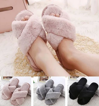 

Women Plush Home Slippers Fashion Faux Fur Warm Slippers Summer Winter Ladies Solid Flat Shoes Woman Slip on Flats Couple
