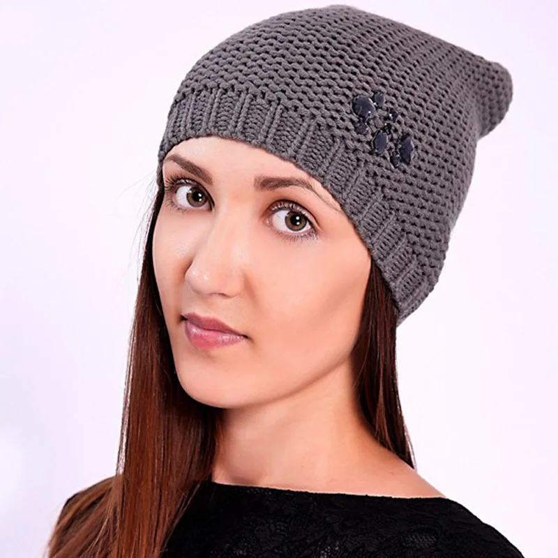 

2015 Wholesale Cheap Grey Wool Knitted Crochet Cap Skullies for Women Men Winter Touca High Quality Handmade Diamond Beanie