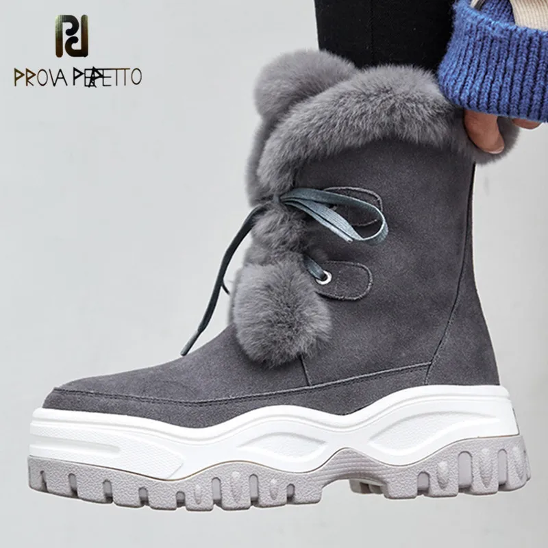 

Prova Perfetto Rabbit Fur Cow Suede Snow Boots Platforms Lace Up Cute Casual Shoes Woman High Quality Ladies Short Basic Boots
