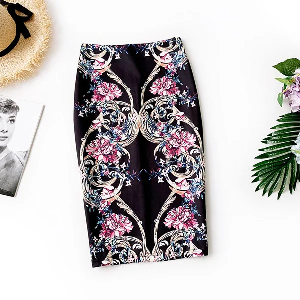 Ohryiyie весна лето в китайском стиле с принтом юбка женская Новая Винтажная облегающая юбка женская деловая элегантная юбка - Цвет: Черный