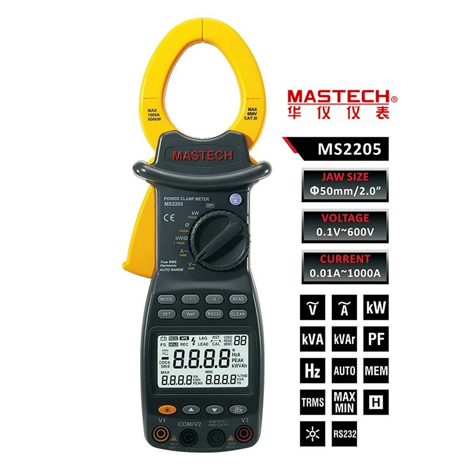 

MASTECH MS2205 TRUE RMS Harmonic Power Meter Auto Ranging Smart Digital Power Clamp Tester With Back Light And Rs232 Interface