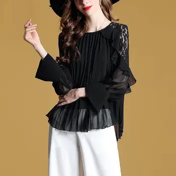 

New Arrival 2019 Women's Blouse Pleated Lace Shirt Lotus Leaf Ruffle Blouse Blusas Mujer De Moda 2019 Shirts Women Tunic Tops