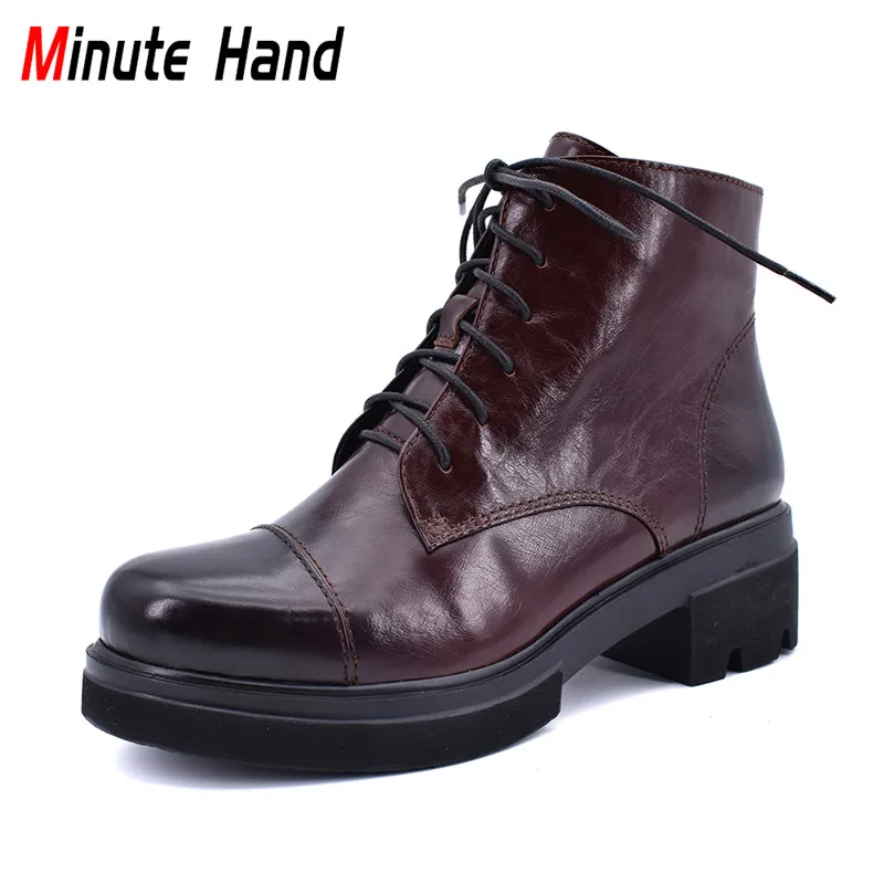 

Minute Hand New Fashion Winter Cow Leather Platform Martin Boots Women Square High Heels Zip Lace Up Ankle Boots Plus Size 33-41