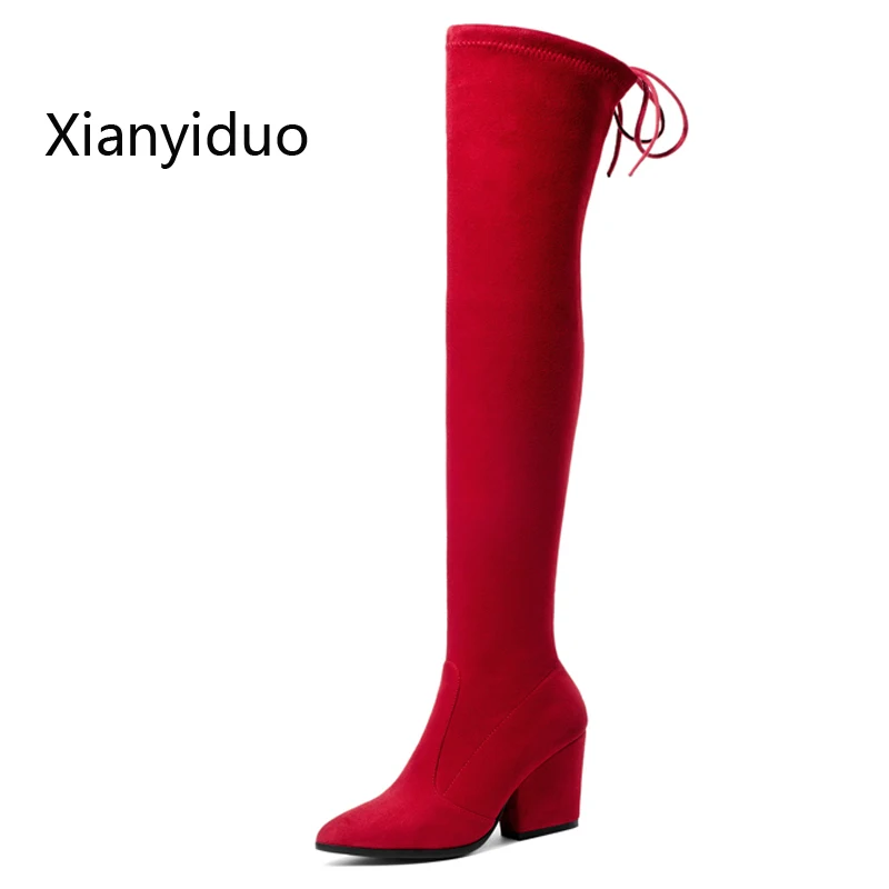 

Xianyiduo New Women shoes Micro stretch shaft Thigh-high stretch suede boots Pointed Toe high heels Over the Knee big size34-43