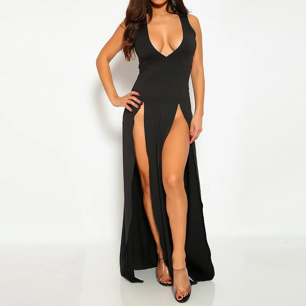 

Fashion Temperament Women Solid Sexy V-neck Sleeveless Open Fork Night-club Long Dress enteritos largos de mujer elegantes