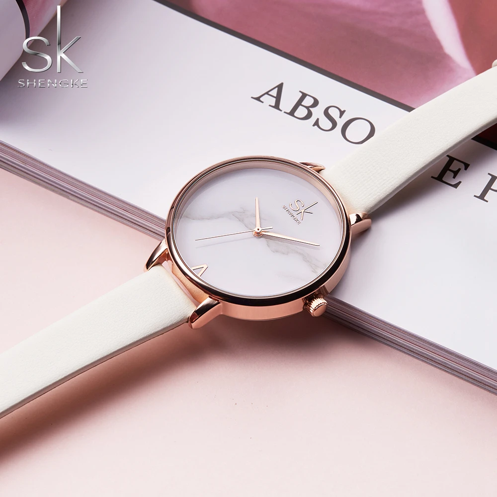 

Shengke Fashion Ladies Watch Elegant Female Quartz Watch Women Thin Leather Strap Watches Montre Femme Marble Dial SK Free Gift