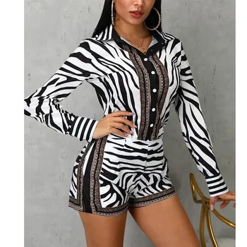

Summer Autumn Women 2 Pieces Sets Outfits Vintage Party Jumpsuit Suit Set Print Long Sleeve Shirt Shorts Elegant Sets