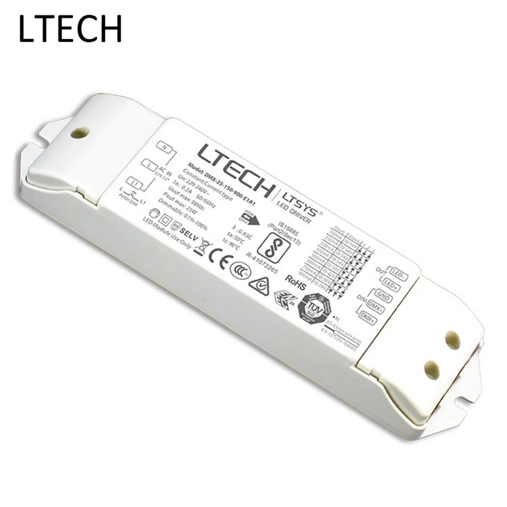

LTECH 25W Constant Current LED DMX Dimming Driver DMX-25-150-900-E1A1 200-240VAC Input 150-900mA PVM Output Led Power Adapte
