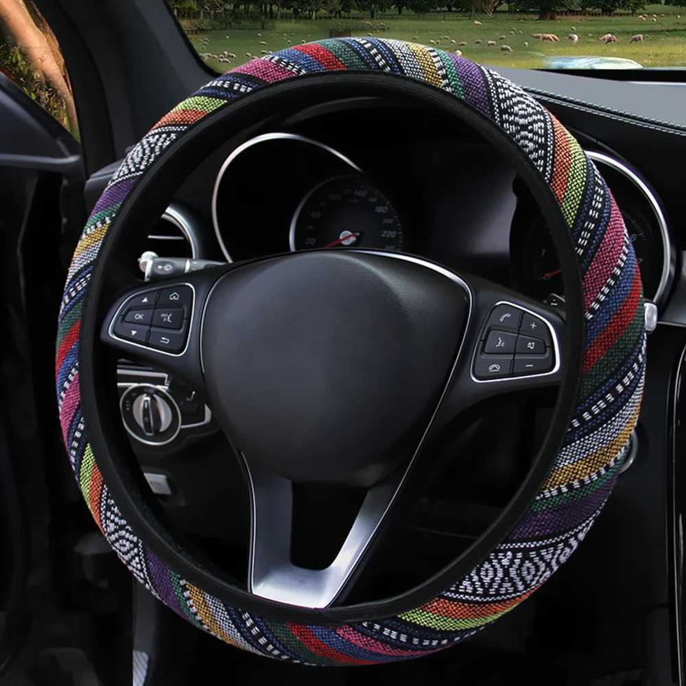 Colorful Hemp FORAUTO эластичный чехол рулевого колеса автомобиля в этническом стиле Автомобильные Чехлы На Руль Автомобильные украшения автомобильные аксессуары льняные универсальные - Название цвета: Colorful Hemp