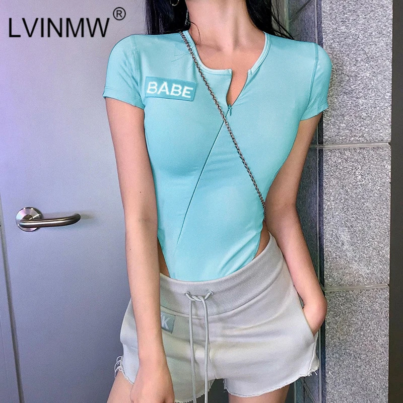 

LVINMW Blue Letter Embroidery Bodysuits O Neck Zipper Short Sleeve Slim Romper 2019 Autumn Women Streetwear Party Bodysuits