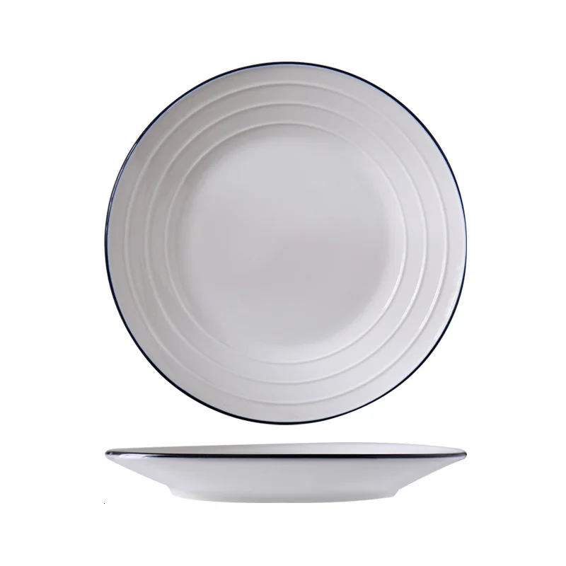 KINGLANG керамическая посуда, синяя линия, белый цвет, Западная пищевая тарелка, бытовая паста, десертное блюдо, суповая миска с ручкой