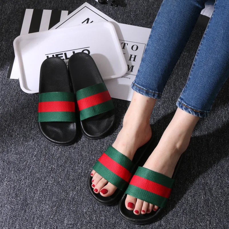 Women Summer Slippers Stripe Design Summer Flat Slides Beach Sandals Outdoor Anti-skidding Slip On Flip Flop Flat Slippers metal diamond flip flop flat toe slippers sandals summer 2018 new female fashion flipflops lazy people slides flat with slippers