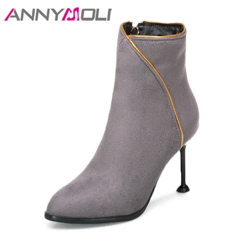 

ANNYMOLI Winter Shoes Women High Heel Ankle Boots Ladies Thin Heel Short Boots Red Wedding Shoes Footwear Black Big Size 11 12