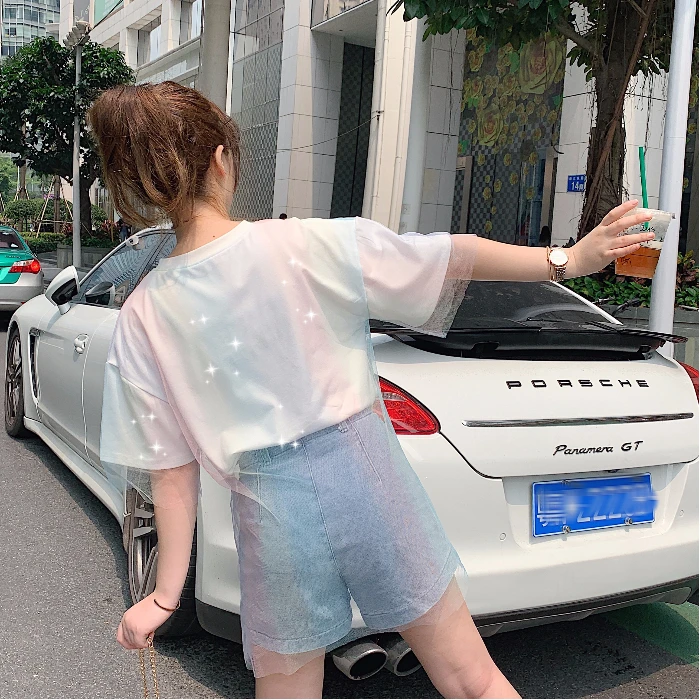 Женская футболка с вышивкой в стиле Харадзюку, Повседневная марлевая сетчатая Корейская одежда, Милая футболка градиентного цвета, модный винтажный Топ