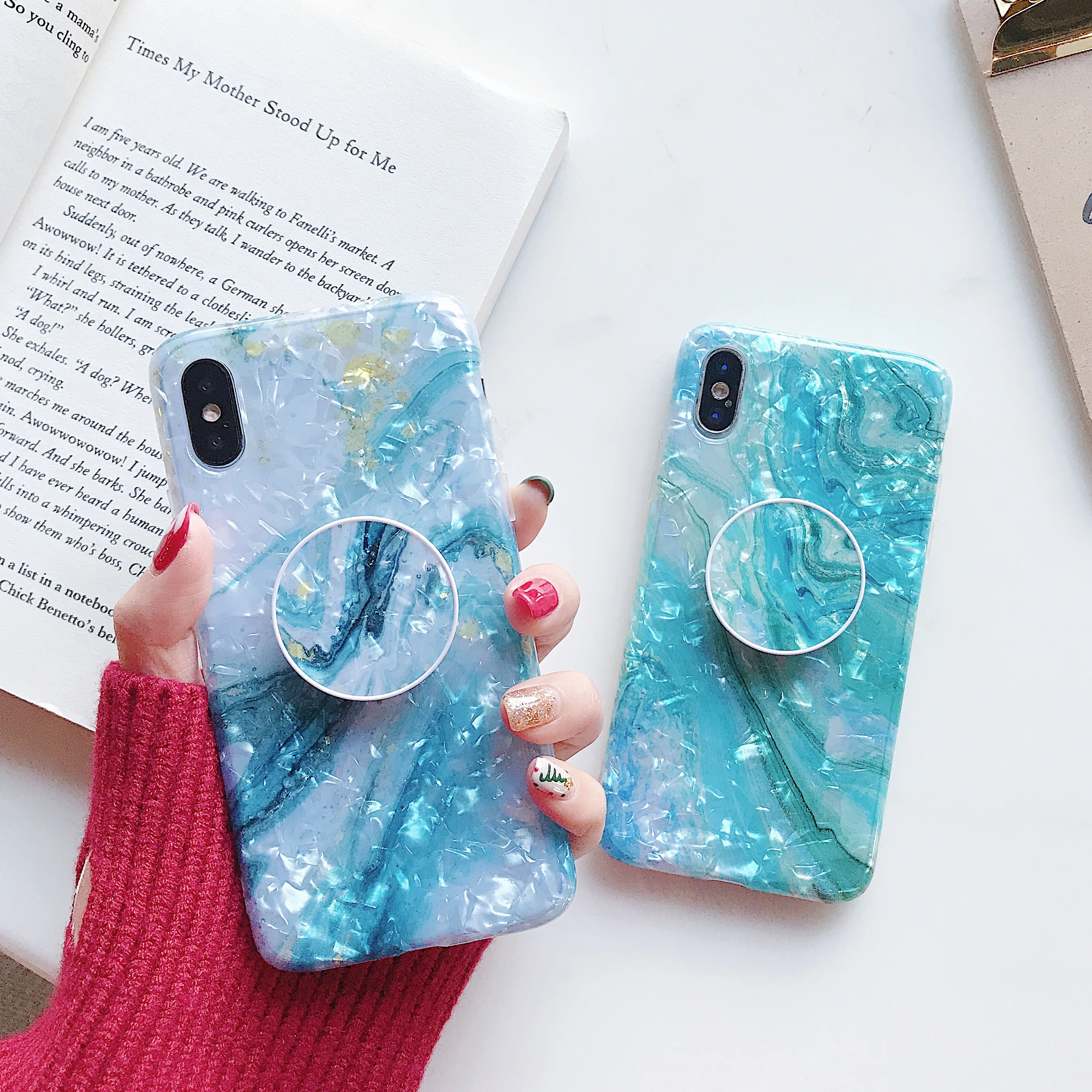 

With Fold Holder Popular Stand Glossy Glitter Marble Phone Cases Cover For iPhone 7 6 6S 8 Plus 8P X XS MAX XR Coque Funda Shell
