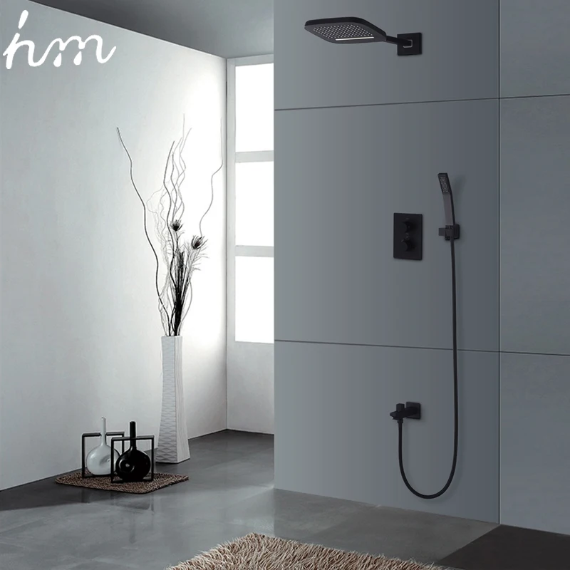 hm Black Shower Set Waterfall Rain Showerhead Panel Brass Bathroom Thermostatic Diverter Mixer Faucet Wall Mounted System