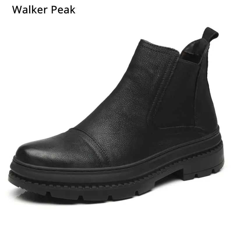 Plus Size 38-47 Chelsea Boots Men Winter Shoes Black Genuine Leather Thick sole Mens Footwear Warm Plush nonslip snow boots