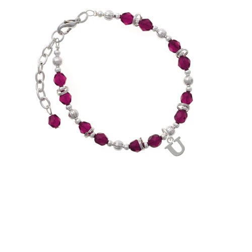 Silvertone Small Initial - U - Magenta Beaded Bracelet