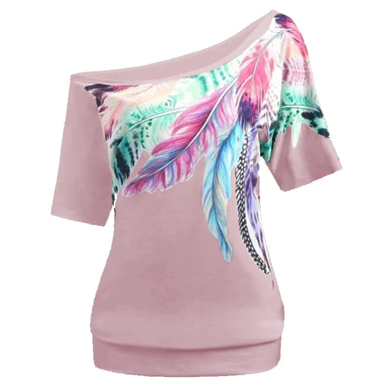 Pluma impreso un hombro mujer camisetas oversize 2018 verano harajuku top de hombro camisetas mujer ropa WS8477y Pluma impreso un hombro mujer camisetas oversize 2018 verano harajuku top de hombro camisetas mujer ropa WS8477y