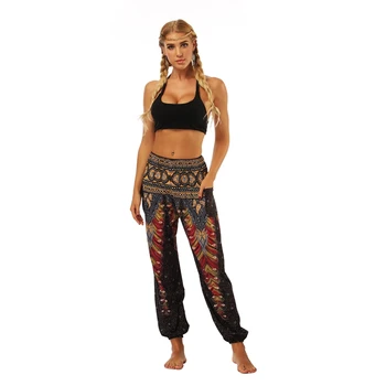 

EU Size Brown&Red Feather Straight Leggings Lounge Pant Bloomers Indian Thailand High Elastic Waistband Pocket Loose Pants