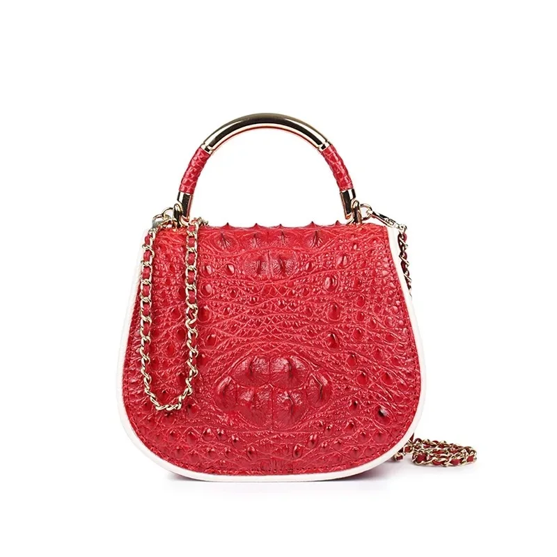 

Three-way Designer Genuine Alligator Skin Women's Small Saddle Bag Real Crocodile Leather Ladies Shoulder Bag Mini Chain Handbag