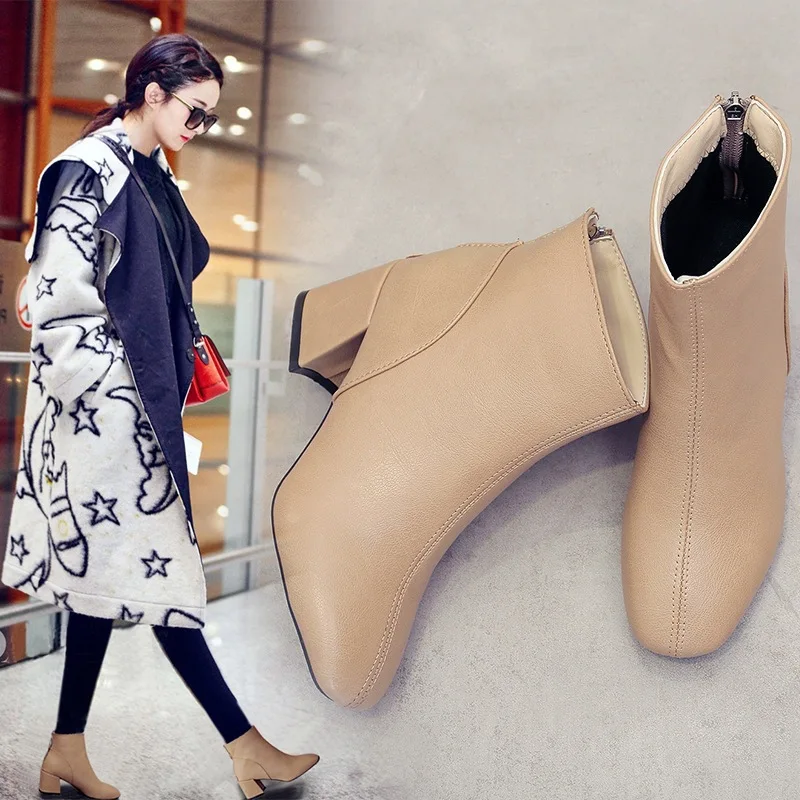 

Ankle Square Toe Concise PU Chelsea Boots Women High Square Heel Zip Boots Sewing Solid Casual Winter Ladies Shoes