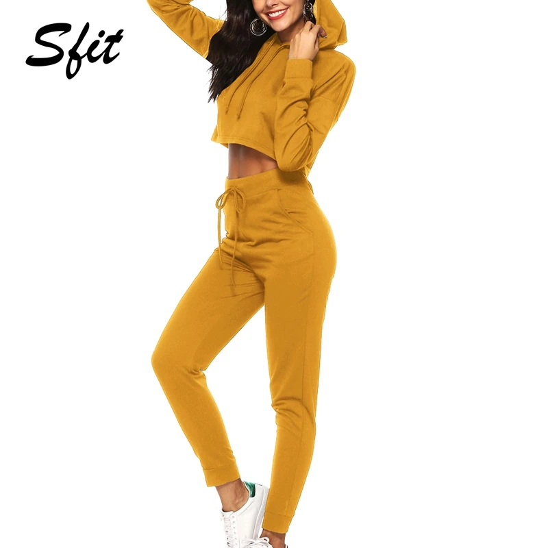 Sfit 2019 Женский однотонный спортивный костюм 2 шт. облегающий с капюшоном