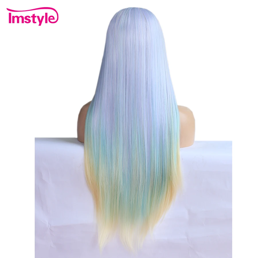 Imstyle Ombre Парик смешанные цвета длинные прямые волосы синтетические волосы на кружеве парик фиолетовый зеленый желтый микс парики для женщин 28 дюймов