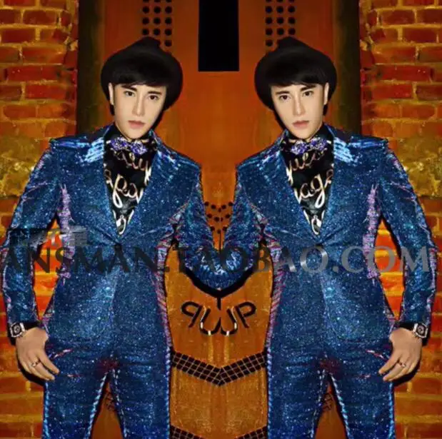 

2019 men's singer stage Magic color Sao Blue gradient glitter suit costume DJ costumes suits Two-piece suit