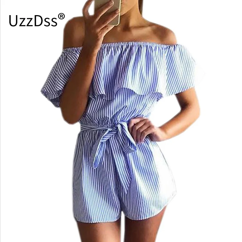 

Ruffles Slash Neck Beach Playsuits Summer Women Striped Jumpsuits Girls Sexy Casual Playsuit Overalls with Belts Femininos