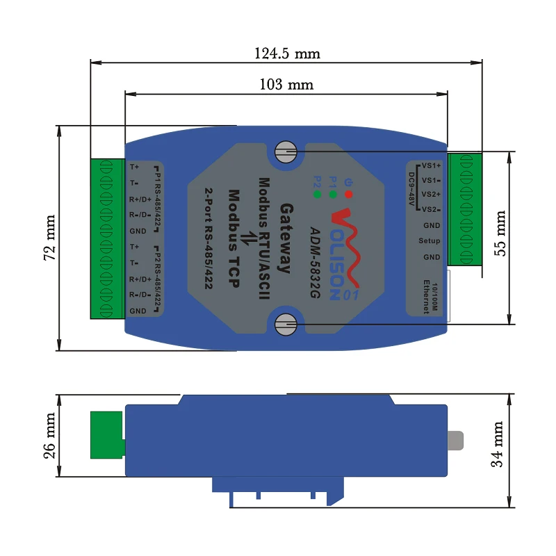 Промышленный шлюз Интернета вещей Modbus RTU в TCP конвертер с 2 портами RS485/422 макс. 32