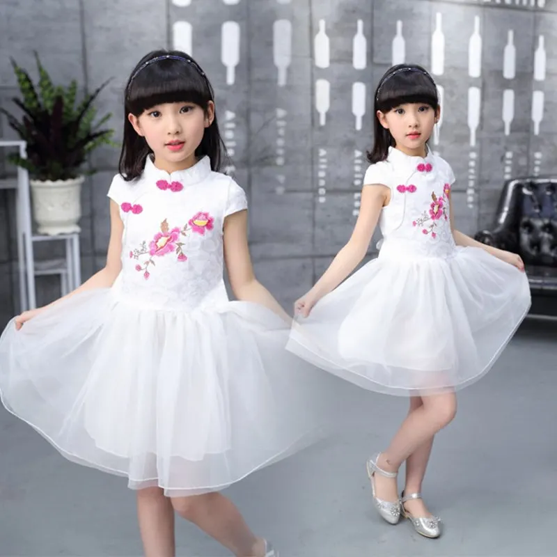 Традиционное детское платье Ципао в китайском стиле; платье для девочек; цвет белый, розовый; платье Ципао с цветочным рисунком; китайский топ; вечерние платья принцессы для сцены