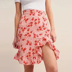 Пикантные мини-юбка высокой талии юбка дамы Для женщин летние юбки Bohe печати оборками песчаный пляж мини-юбка T423