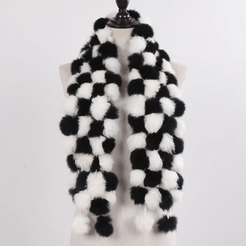 New Winter Women Real Rabbit Fur Scarf Natural Warm Rabbit Fur Muffler Girl Fashion Knitted Genuine Rabbit Fur Scarves - Color: black white