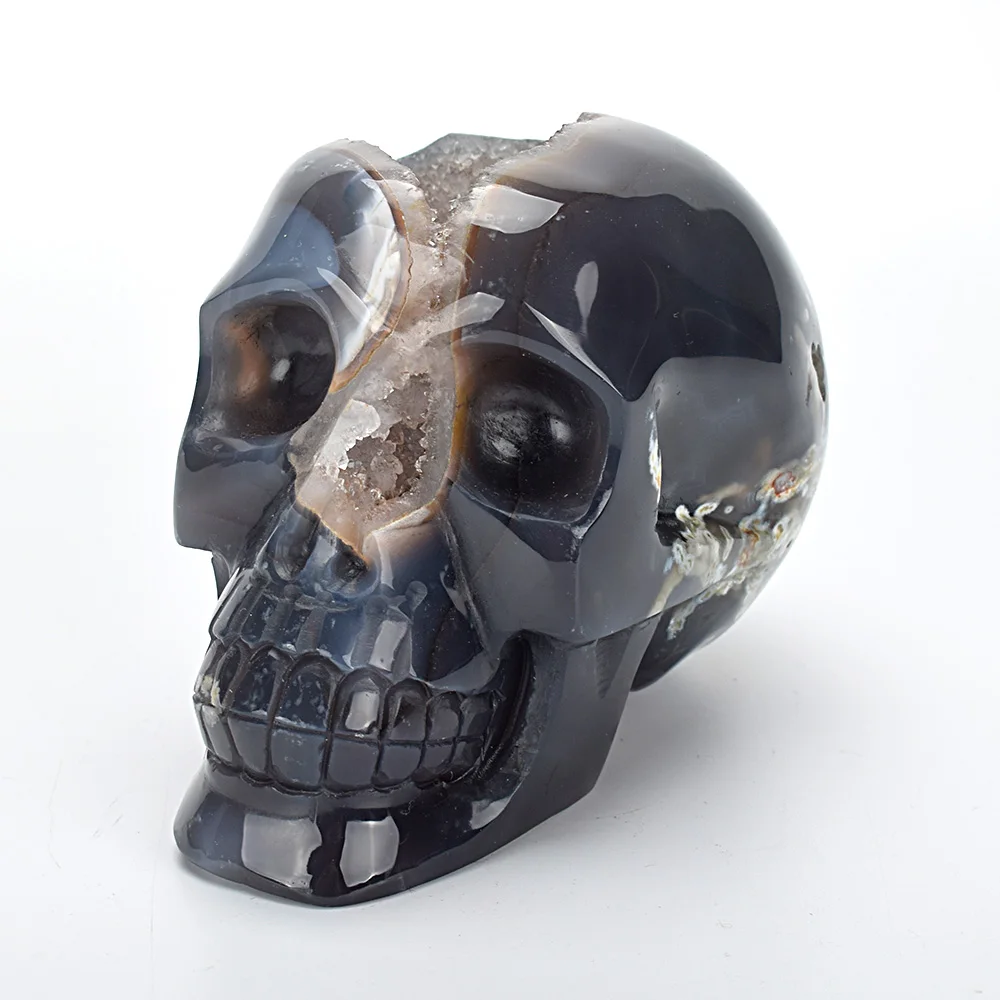 

4.6 '' Realistic Quartz Crystal Skull Statue Carved Natural Agate Geode Healing Gemstone Skull Sculpture Decor Home