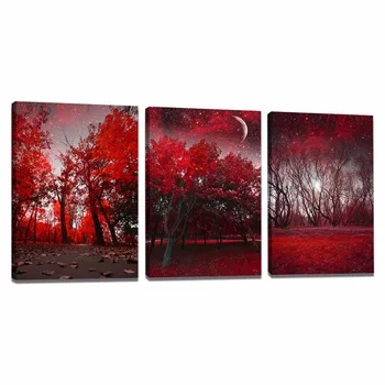 

3 Pieces Canvas Wall Art Red Forest Modern Wall Paintings Printed On Canvas for Wall Decor