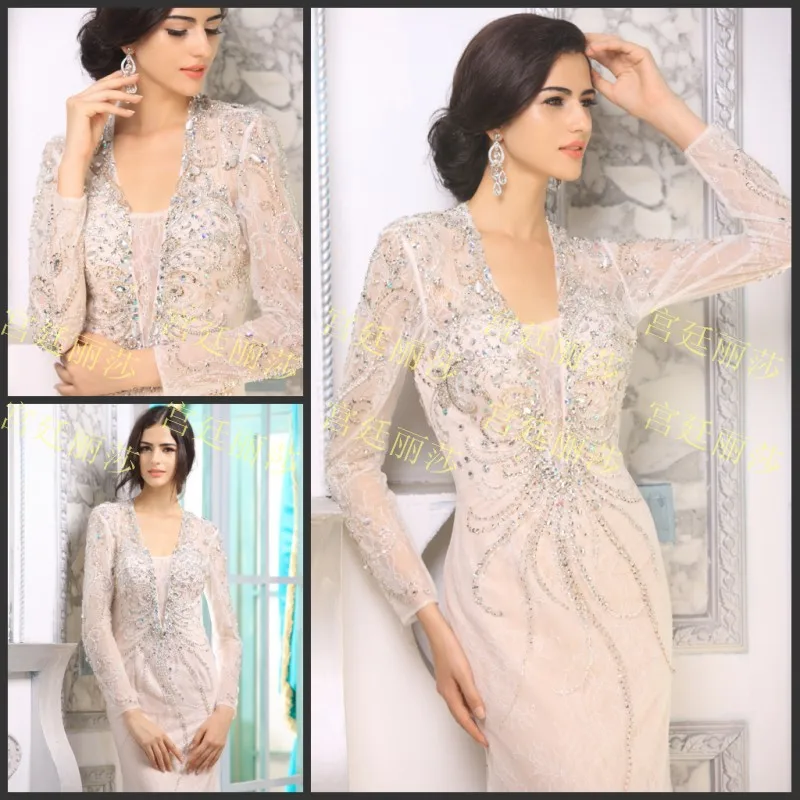

free shipping 2014 luxury crystal formal brides long sleeve special occasion dresses sexy lvory prom lace long evening dresses