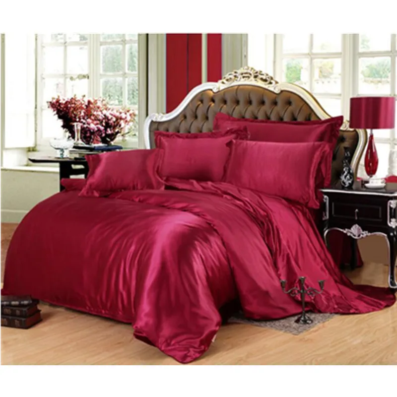 

Bedding set Pug Parure de lit adulte Pillowcase Soft Luxury Fabric Satin Pure color While Red wine Simulated silk XHS0035