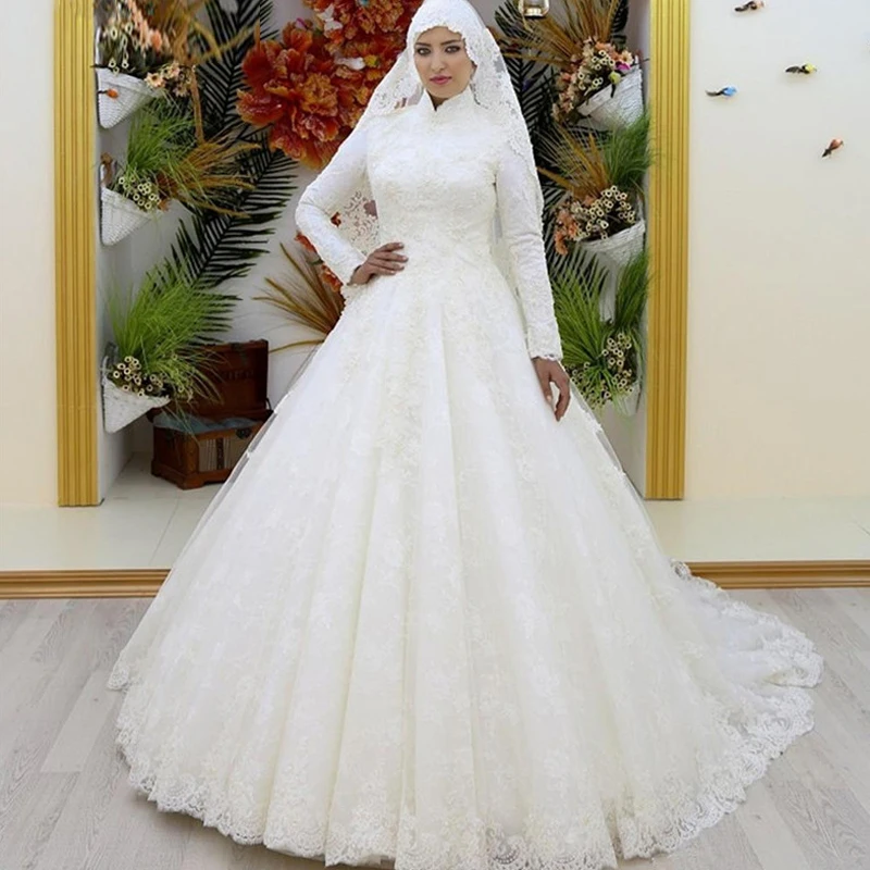 Свадебное платье мусульманское одежда с длинным рукавом кружево с высоким воротником Саудовская Аравия на платье невесты свадебное платье Vestidos De Novia