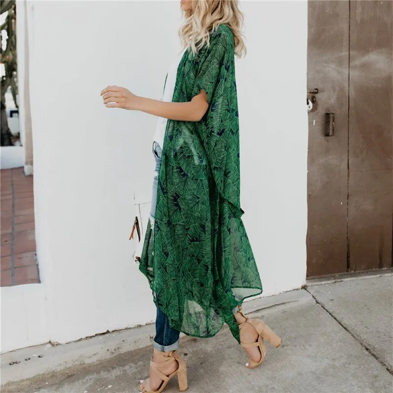 

2019 Summer Women's Kimono Printing Green Blouses Print Kimono Cardigan Casual Chiffon Blusas